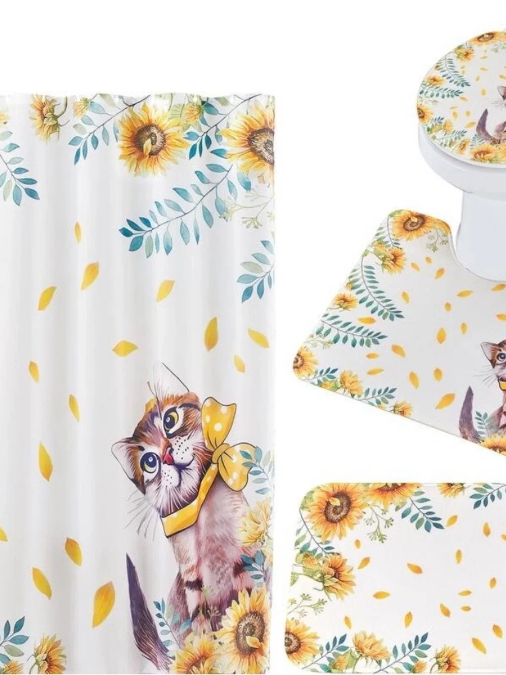 ADORABLE FUN 16pc Cat & Sunflower Bathroom Set